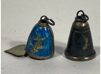 Two Siam Sterling Silver Enamel & Niello Bell Charms Pendants