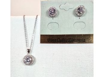YURMAN INSPIRED RHODIUM PLATED NECKLACE, PENDANT & EARRINGS WITH BRILLIANT VIOLET CUBIC ZIRCONIA STONES - NEW
