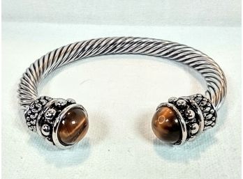 YURMAN INSPIRED CHUNKY RHODIUM PLATED CUFF BANGLE WITH TIGERS EYE STONE ACCENTS- NEW - TARNISH RESISTANT