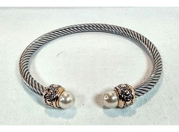 YURMAN INSPIRED RHODIUM PLATED CUFF BANGLE WITH PEARL ACCENTS - NEW - TARNISH RESISTANT & HYPOALLERGENIC