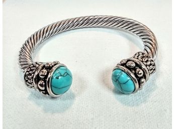YURMAN INSPIRED CHUNKY RHODIUM PLATED CUFF BANGLE WITH TURQUOISE STONE ACCENTS - NEW - TARNISH RESISTANT