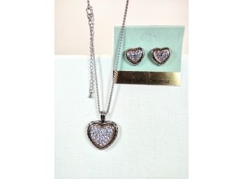 YURMAN INSPIRED RHODIUM PLATED NECKLACE, HEART PENDANT & EARRINGS WITH BRILLIANT CZ STONES
