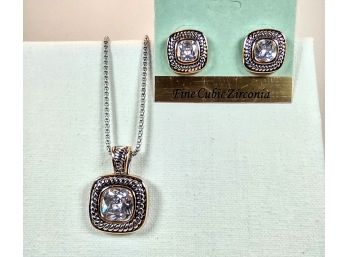 YURMAN INSPIRED RHODIUM PLATED NECKLACE, PENDANT & EARRINGS WITH BRILLIANT CUBIC ZIRCONIA STONES - NEW