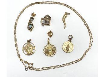 Group Of Gold Jewelry -  14K Chain & Charms & 14K & Diamond Tie Tack &  Scrap 14K Earring, 10K Charm