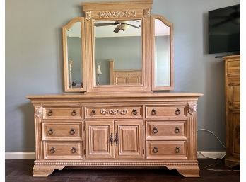 Intricately Carved Cerused Oak Dresser With Vanity Mirror (contents Not Included)