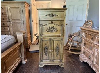 Cabinet With Carved Floral Motifs & Drop Down Desk (contents Not Included)