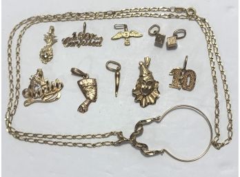 18K Gold Necklace With Fancy Link, Charm Holder And  14K & 18K Charms - 10.2 Dwt