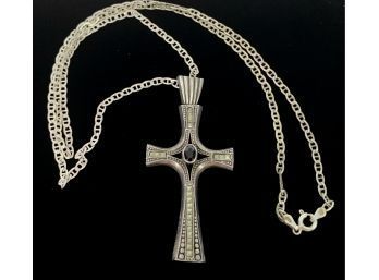 Large Sterling Silver Marcasite Cross With Amethyst And Fancy Link Chain