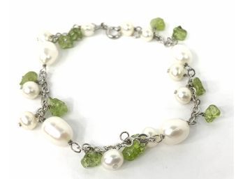 Lord & Taylor Sterling Silver, Fresh Water Pearl And Peridot Bracelet