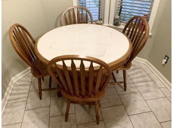 Round Oak And Tile Top 42' Pedestal Table With 4 Slat Back Chairs