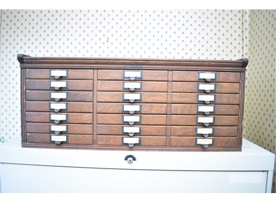 Antique Oak Wood Flat File Cabinet; 14 Drawers