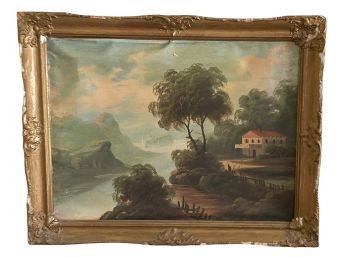 Framed Antique Hudson Valley Scene Oil On Canvas 37' X 29'