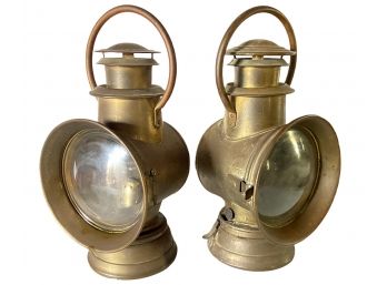 Antique Pair Of Brass Dietz Tubular Automobile Lamps