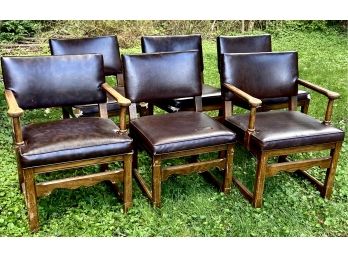 Six Antique Tudor Style Oak Dining Room Chairs With Nail Head Detail