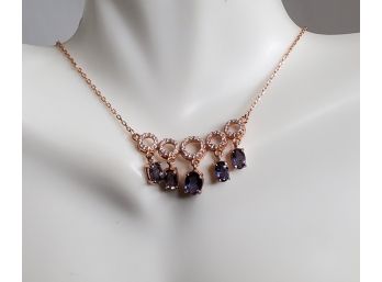 Iolite & White Topaz Sterling Silver Rose Gold Tone Necklace