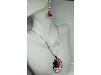 Pink Silvertone Fashion Earring And Necklace Set