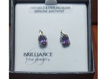 Stunning 10k And Sterling Silver Genuine Amethyst Earrings