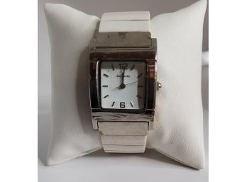 Daisy Fuentes Ladies Silvertone White Band Bangle Watch