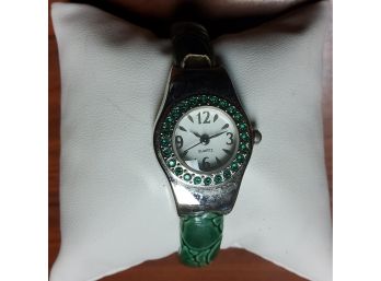 Silvertone Green Crystal Bezel Fashion Bangle Watch