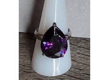 Pear Shaped Created Amethyst Silvertone Fashion Cocktail Ring