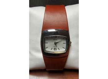 Silvertone Face Fashion Watch With Red Genuine Leather Band