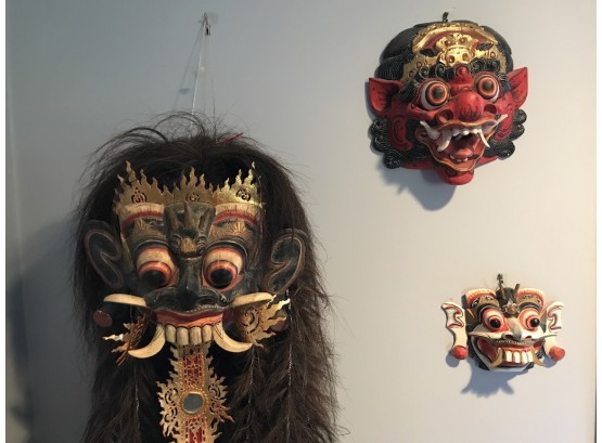 3 Indonesian Masks &  Krishna Statue