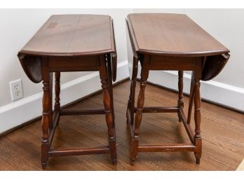 Pair Of Vintage Wood Drop Leaf Tables With One Drawer