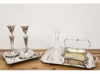 Collection Of Signed Silver Plate Trays, Candlestick Holders And Decanter