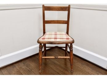 Vintage Wood Chair With Upholstered Plaid Cushioned Seat