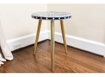 Mosaic Mother Of Pearl Inlaid Accent Table With Metallic Gold Tripod Legs