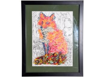 Framed Mixed Media Artwork Of A Colorful Sitting Fox