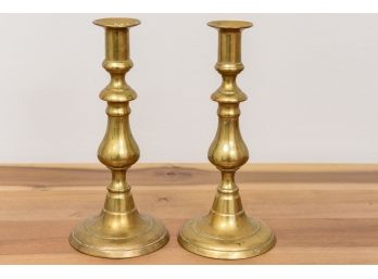 Pair Of Antique 18th Century Pear Drop Brass Candlestick Holders