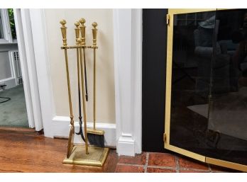 Four Piece Brass Fireplace Tool Set With Stand
