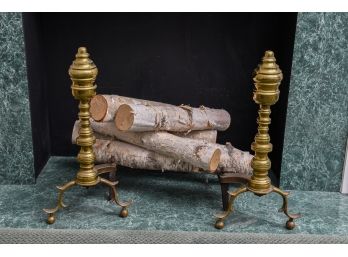 Pair Of American Empire Period Brass Andirons With Birch Wood Logs