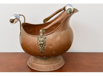 Vintage Copper Coal Scuttle Bucket With Porcelain Handle