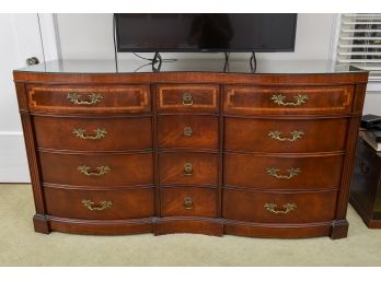 Stiehl Furniture Serpentine Front Twelve Drawer Inlaid Banded Flame Mahogany Dresser With Glass Top