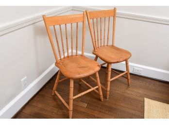 Pair Of Vintage Spindle Back Pine Wood Chairs