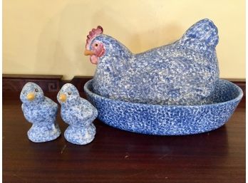 Blue Chicken In Roasting Pan Centerpiece With Chicks Salt And Pepper