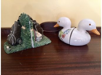 Pair Of Bookends: Golf Theme And N.S. Gustin & Sons Duck