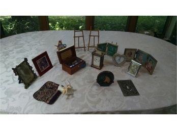 Lot Of Table Top Items - Picture Frames, Tiffany Clock, Music Box