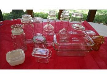 Large Lot Of Glass Ware - Cannisters, Loaf Pans, Storage Containers