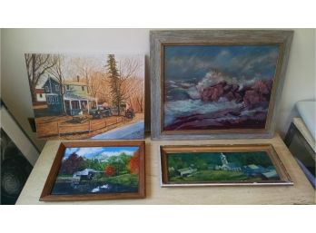 Lot Of 4 Paintings - Crashing Water Scene