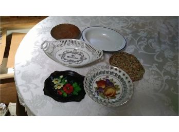 Lot Of 6 Serving Items - Includes Hand Made Copper Plate