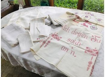 Lot Of Linen Tablecloths, Napkins, Runners, And Hand Towels From Germany