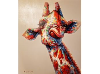 Signed Giraffe Painting On Canvas