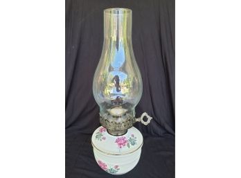 Vintage Floral/Rose Ceramic Oil Lamp With Glass Hurricane Shade