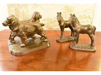 Vintage Heavy Bronze Horse Statues And Spaniel Dog Book Ends