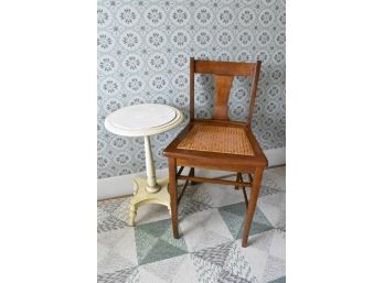 Cane Chair And Marble Topped Pedestal Table
