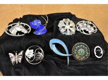Nine Assorted Sterling Silver Pins