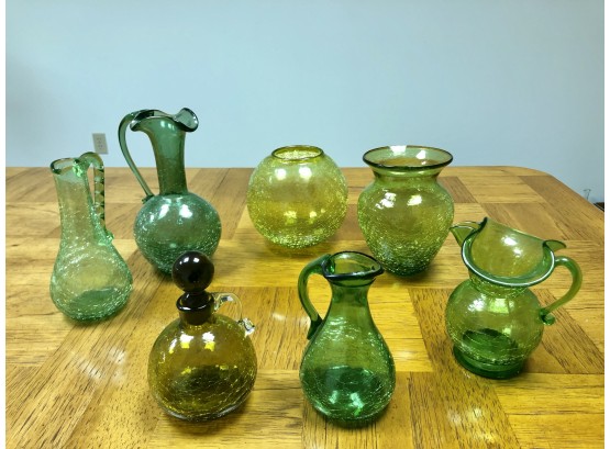 Lot Of 7 Vintage Green Crackle Glass Pieces